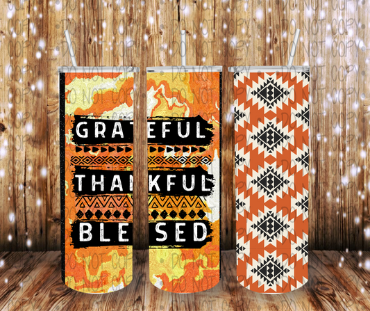 Grateful Thankful Blessed Orange Tribal- Completed Tumbler